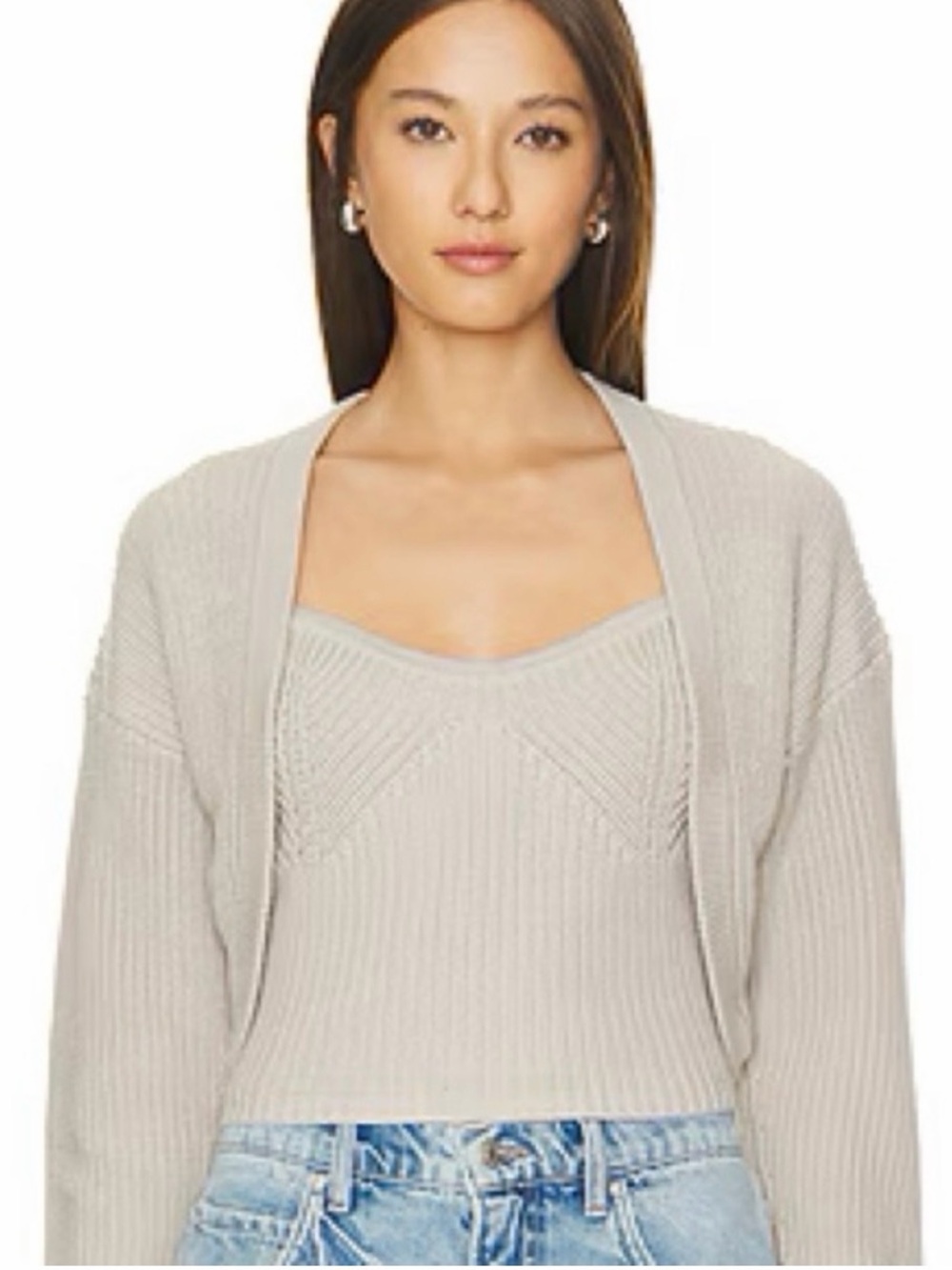 Autumn Cashmere Cropped Knit Tank and Cardigan Set in Light Beige XS